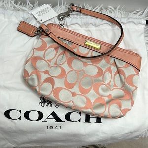 NWT Coach Peach & Khaki Satin & Leather Wristlet Mini Bag Clutch Travel